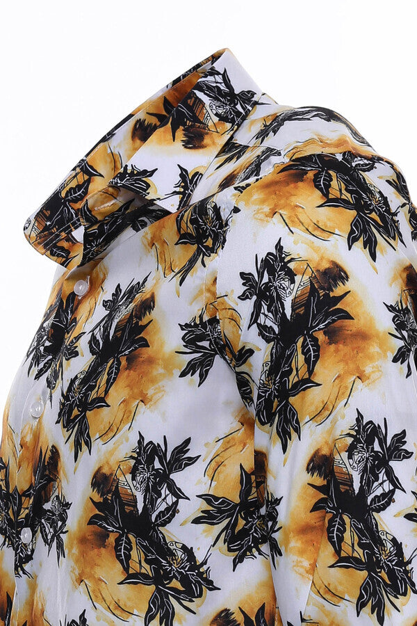 WSS Yellow Black Leaf Patterned Long Sleeves White Men Shirt  - Backnang