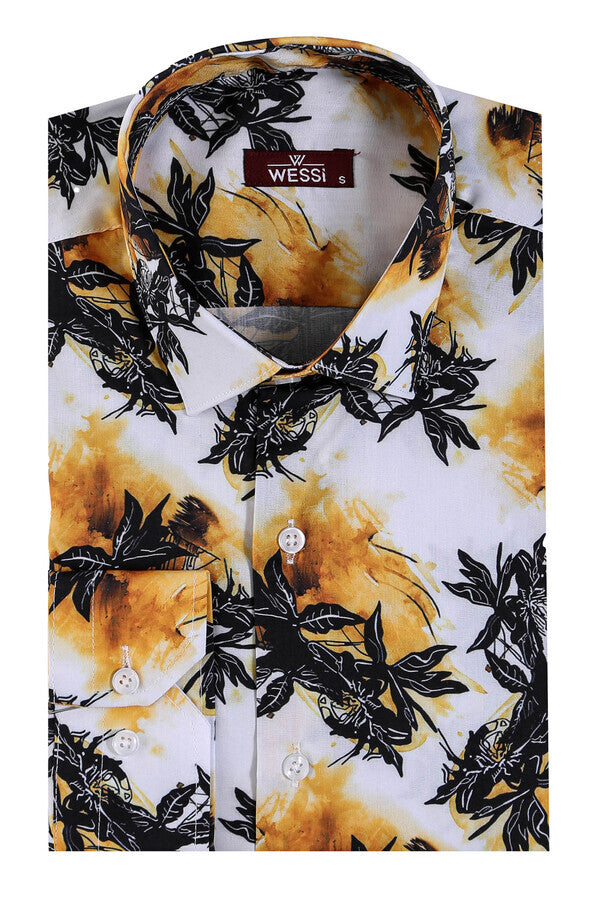 WSS Yellow Black Leaf Patterned Long Sleeves White Men Shirt  - Backnang