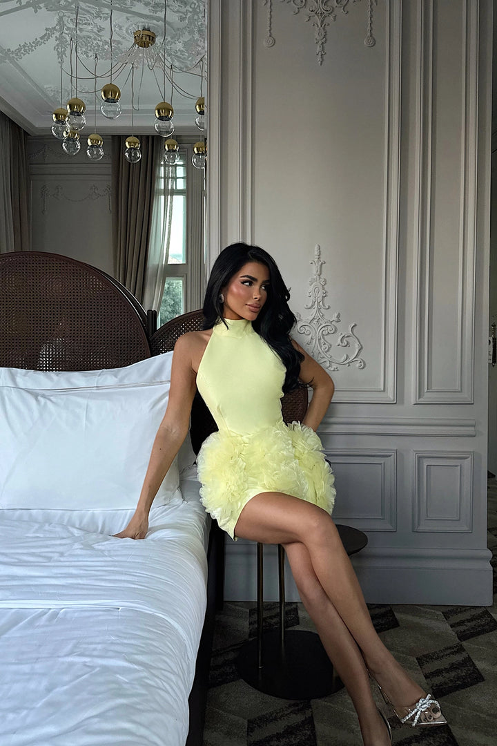 EYY Women Sarı Freyya Mini Elbise, Gül Desenli Etek - Edinburg