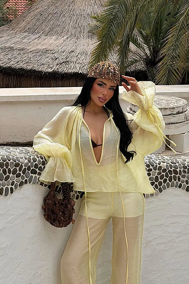 EYY Women Yellow Front Tie Blouse - Benalmádena