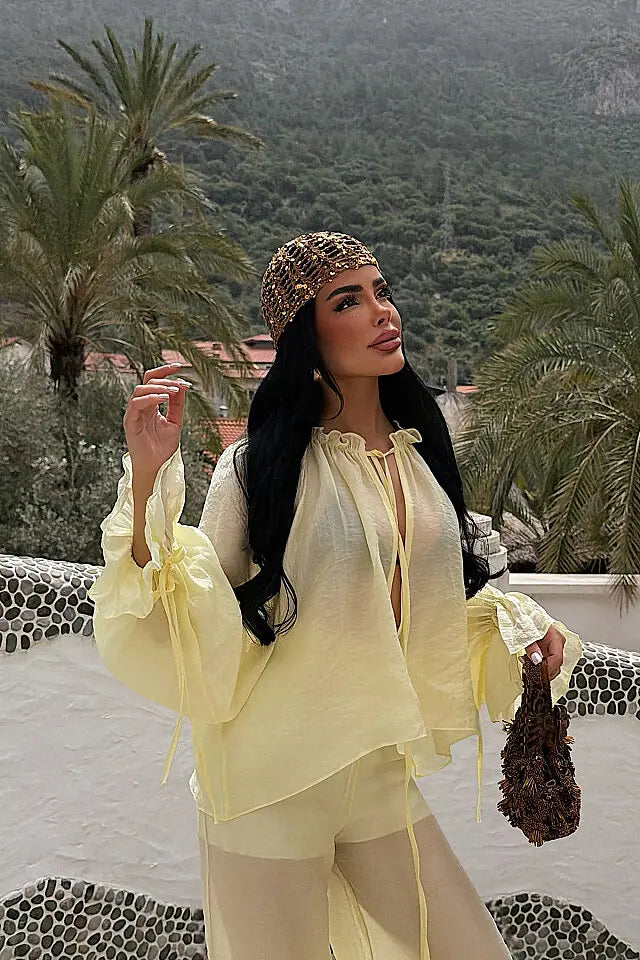EYY Women Yellow Front Tie Blouse - Benalmádena
