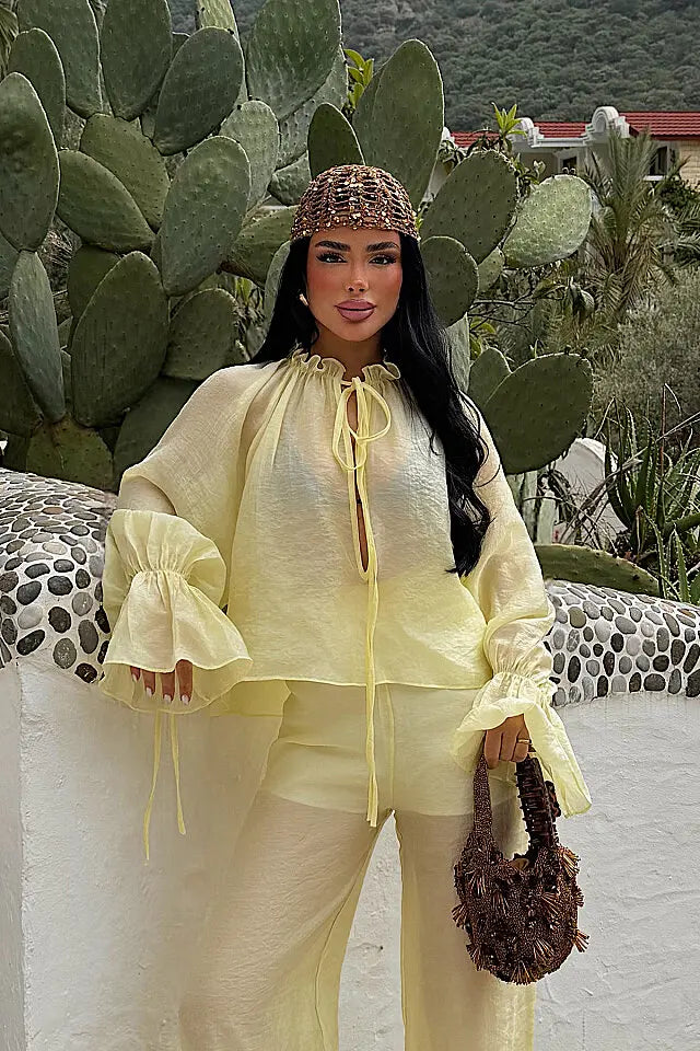 EYY Women Yellow Front Tie Blouse - Benalmádena