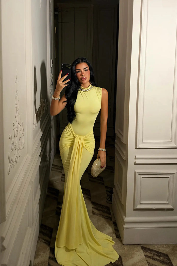 EYY Women Yellow Long Dress with Ruched Front - Lowell