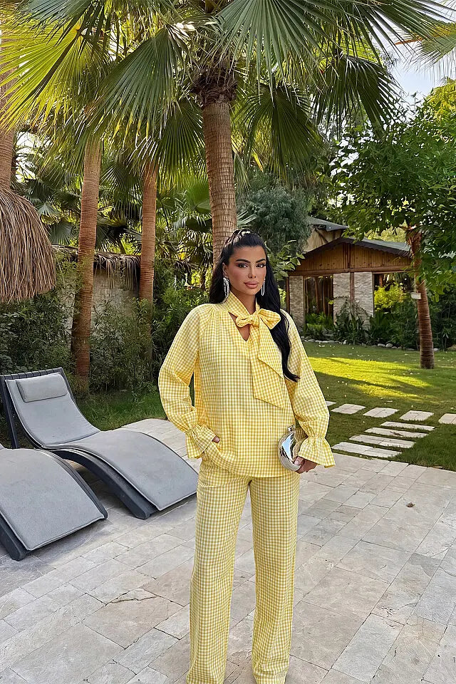 EYY Women Yellow Plaid Pants Set - Marion