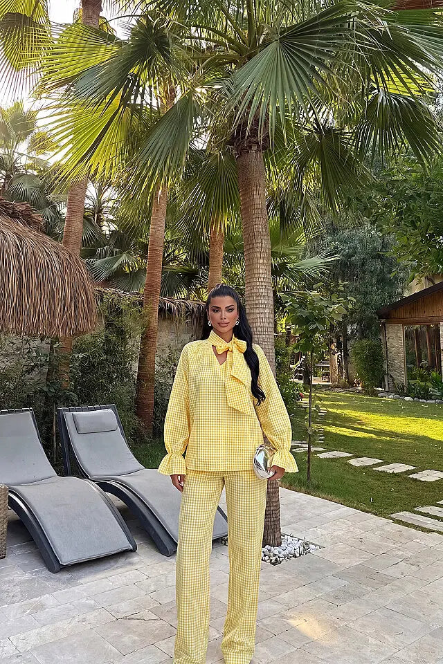 EYY Women Yellow Plaid Pants Set - Marion