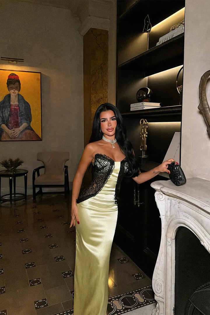 EYY Women Yellow Satin Dress with Lace Detail - Castleford