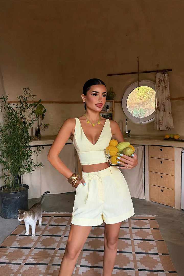EYY Women Yellow Striped Shorts Set - Plymouth