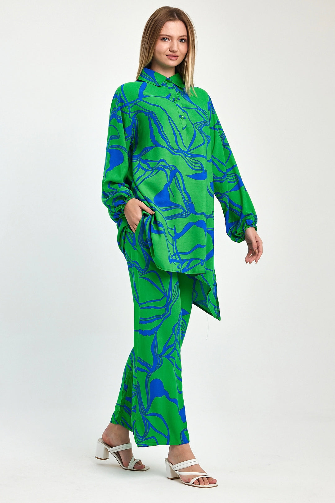 Maxi Boy Green Printed Tunic and Pants Woven Viscon Set BCVL-251055 - Calimera