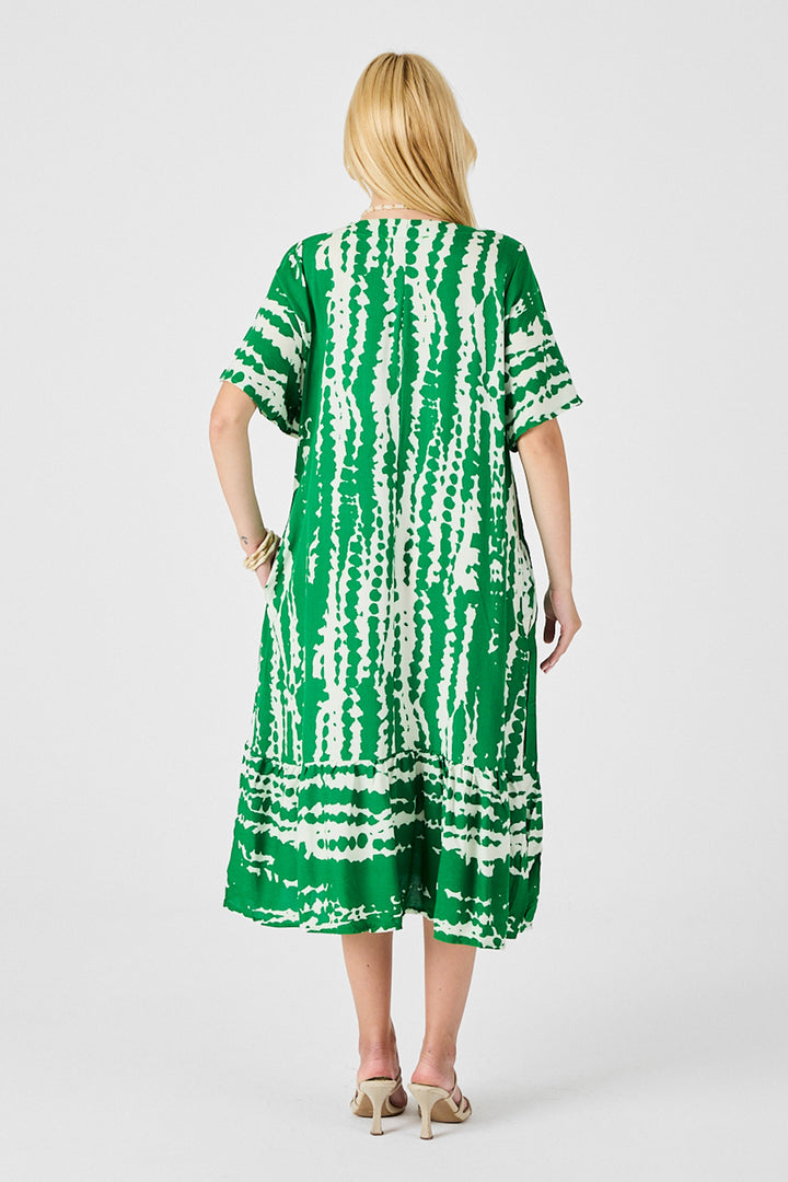 Green Batik Pattern V-Neck Skirt Ruffled Oversized Dress BCVL-254023 - Aurora
