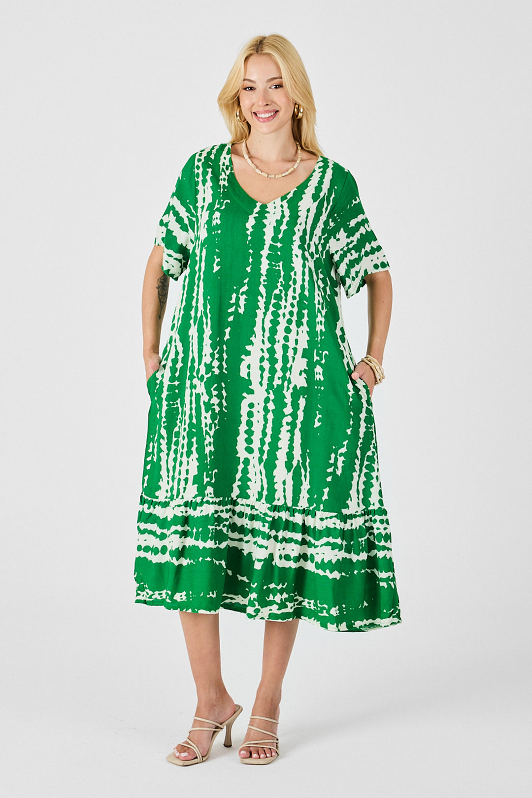 Green Batik Pattern V-Neck Skirt Ruffled Oversized Dress BCVL-254023 - Aurora