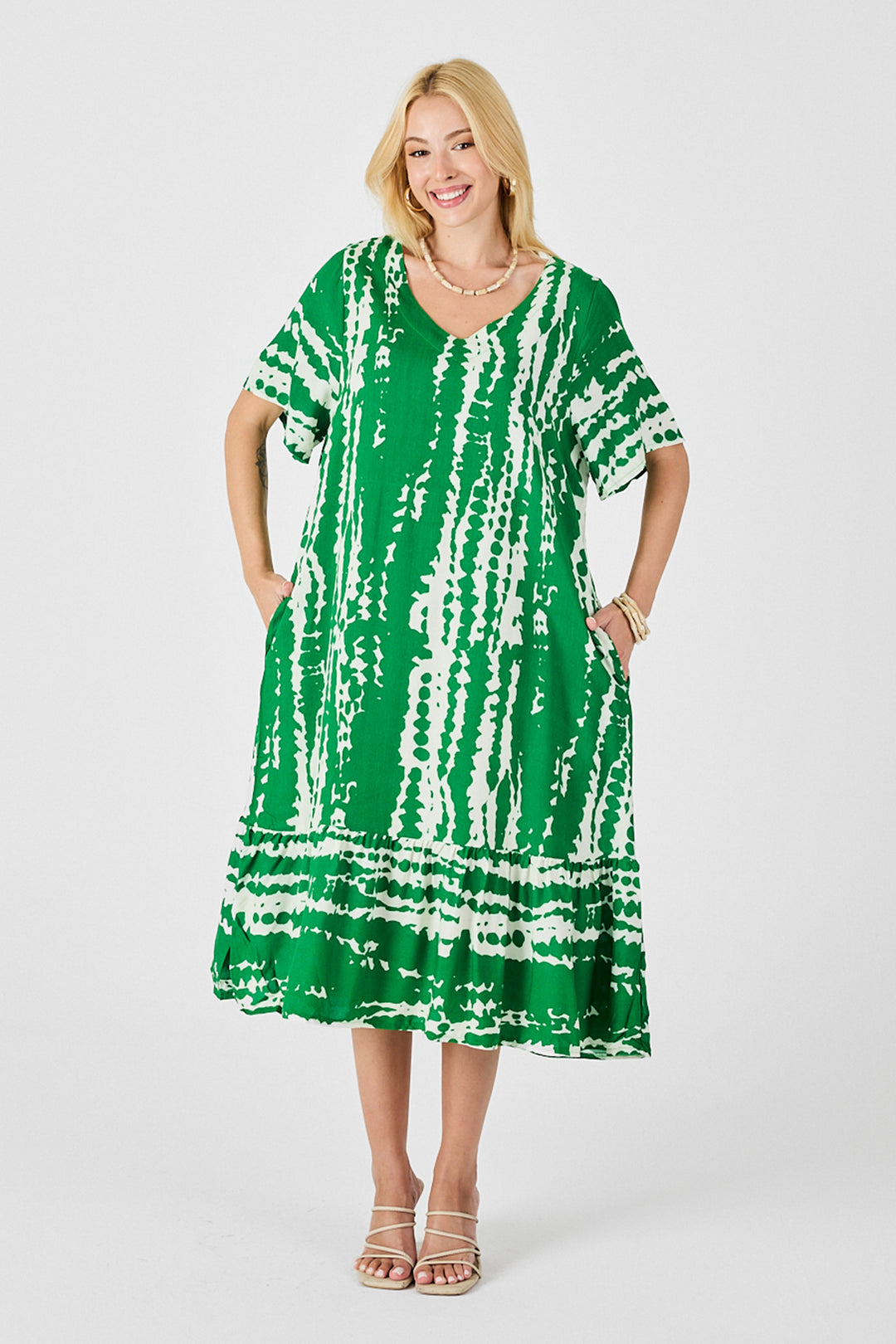 Green Batik Pattern V-Neck Skirt Ruffled Oversized Dress BCVL-254023 - Aurora
