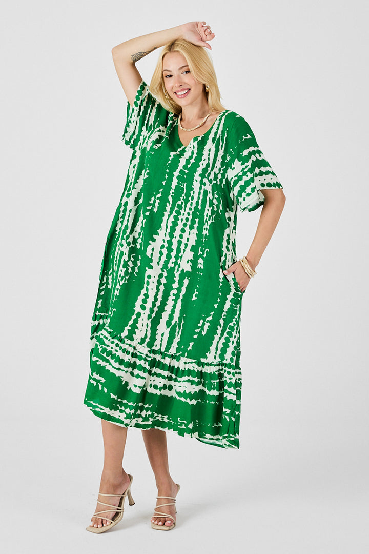 Green Batik Pattern V-Neck Skirt Ruffled Oversized Dress BCVL-254023 - Aurora