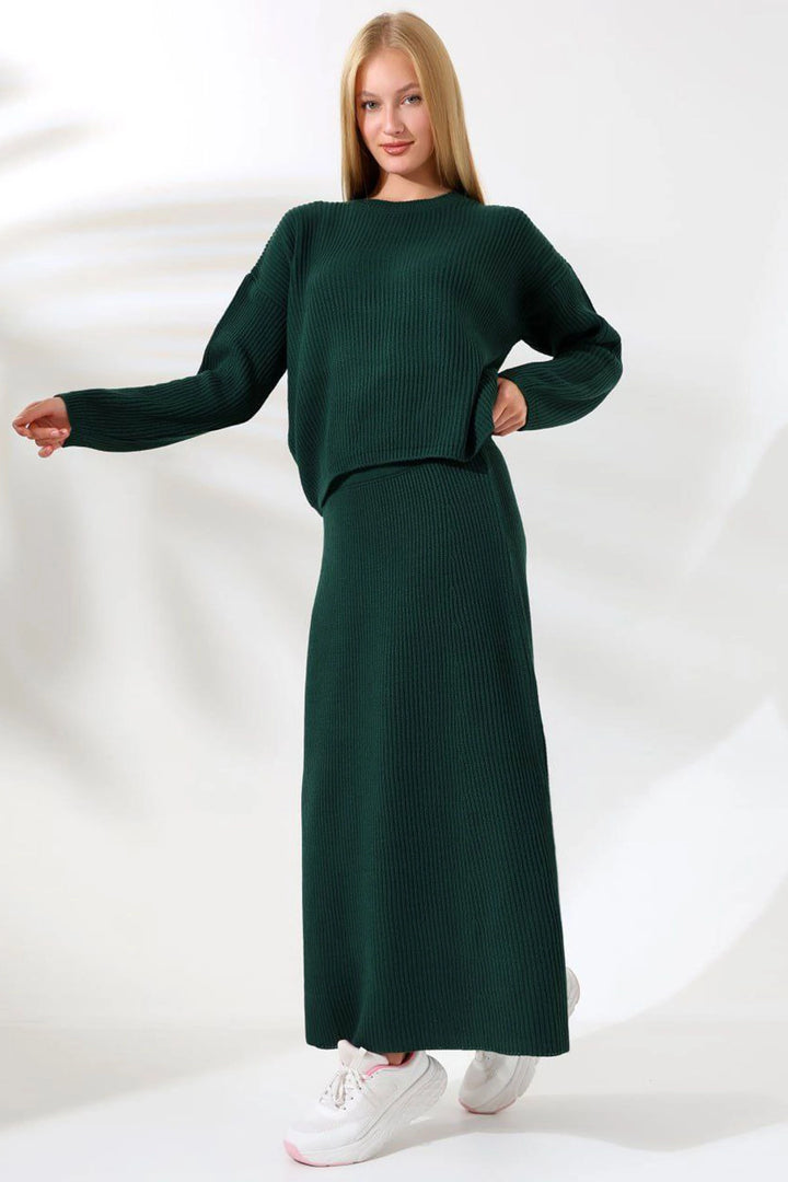 Green Bicycle Collar Sweater and Skirt 2 Piece Top Bottom Knitwear Set BCES-241001 - Seaside