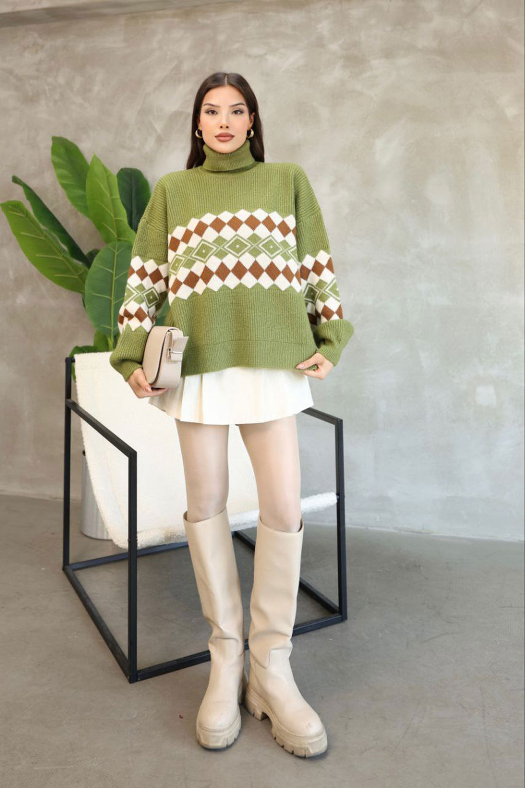 Green Turtleneck Patterned Sweater BCES-252010 - Berchem
