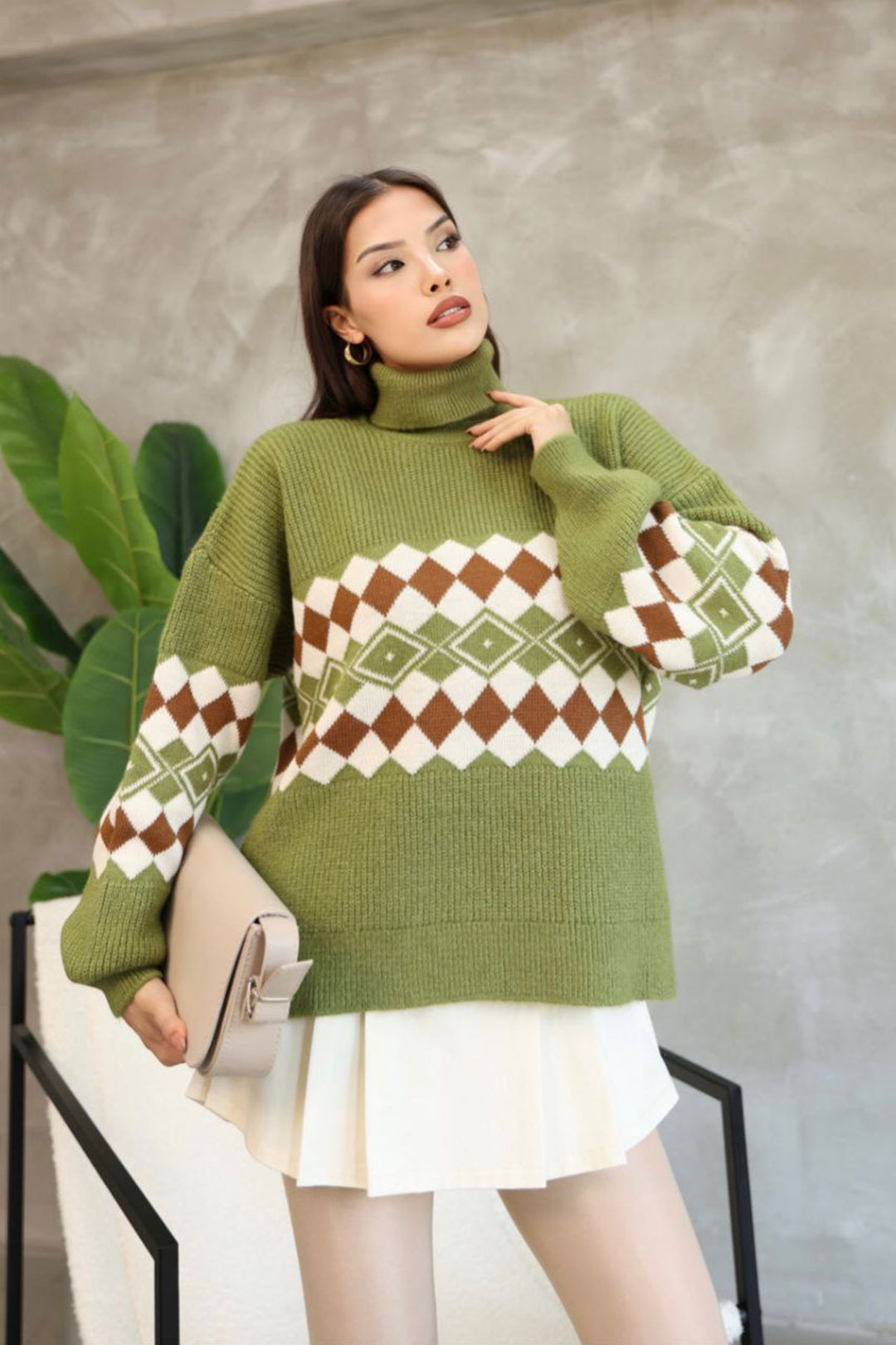 Green Turtleneck Patterned Sweater BCES-252010 - Berchem