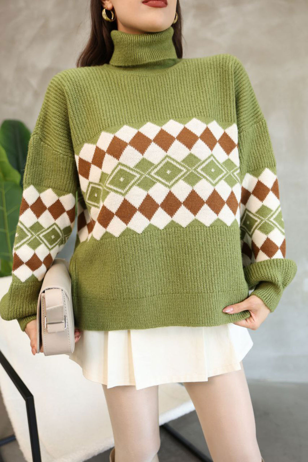 Green Turtleneck Patterned Sweater BCES-252010 - Berchem