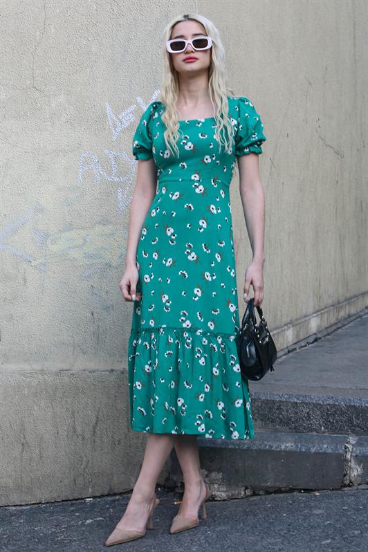 MDX Green Flower Patterned Balloon Sleeve Midi Dress MG1820 - Baldwin Park