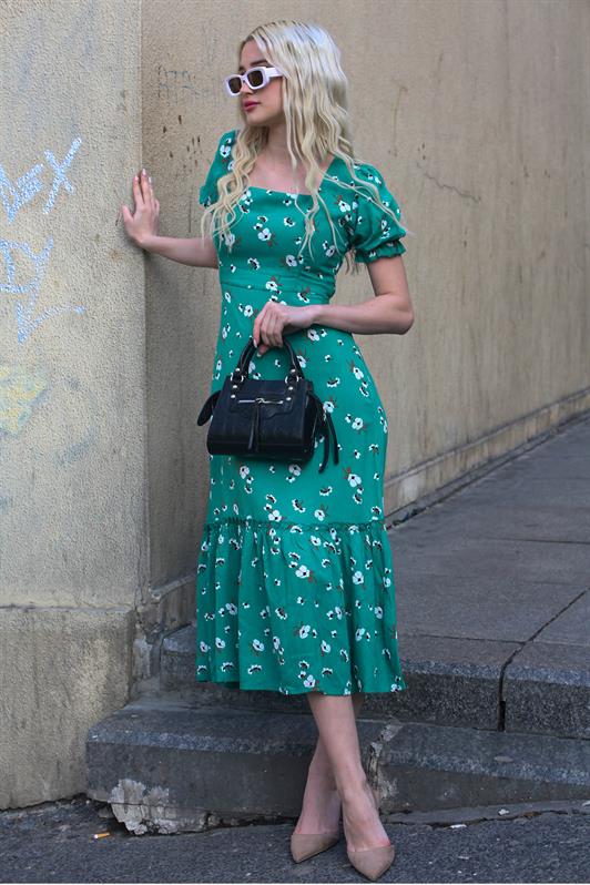 MDX Green Flower Patterned Balloon Sleeve Midi Dress MG1820 - Baldwin Park