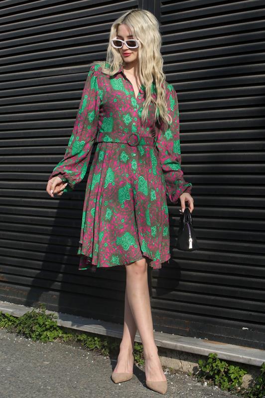 MDX Green Flower Patterned Shirt Collar Mini Dress MG1823 - North Charleston