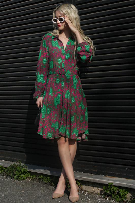 MDX Green Flower Patterned Shirt Collar Mini Dress MG1823 - North Charleston