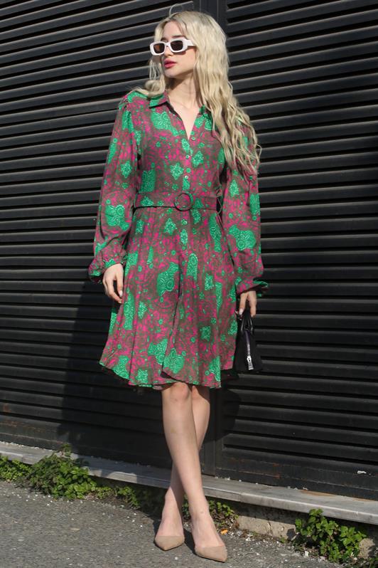 MDX Green Flower Patterned Shirt Collar Mini Dress MG1823 - North Charleston