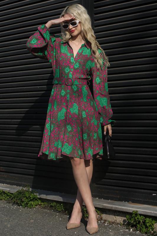 MDX Green Flower Patterned Shirt Collar Mini Dress MG1823 - North Charleston