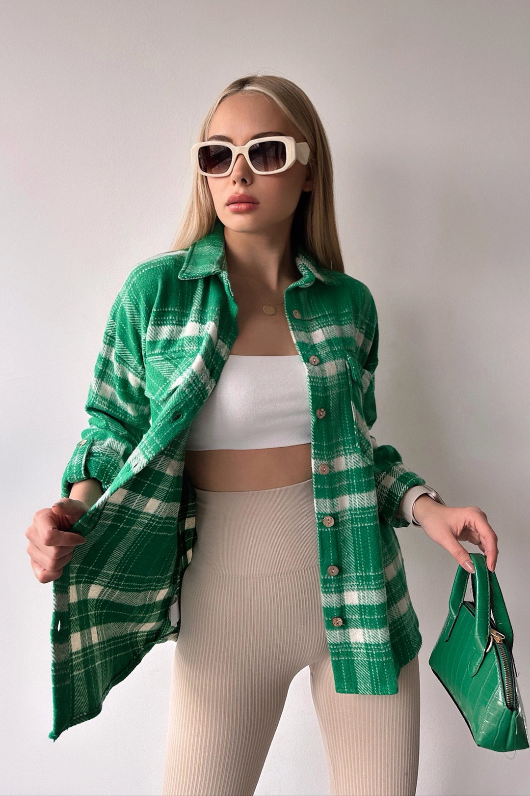 Green Double Pocket Plaid Pattern Folded Sleeve Cotton Shirt BC231047 - St. Cloud