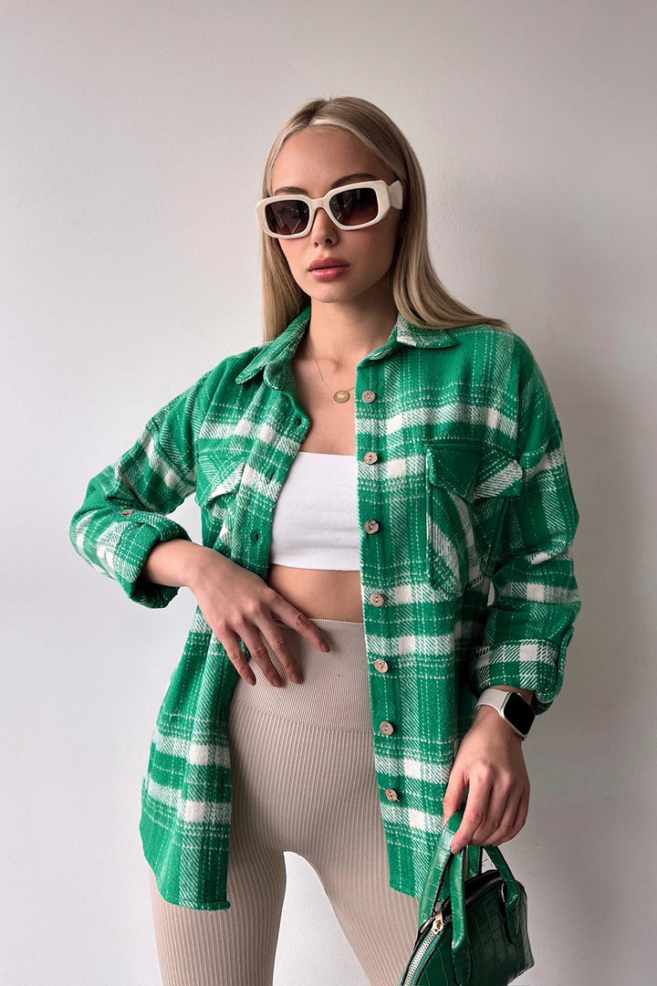 Green Double Pocket Plaid Pattern Folded Sleeve Cotton Shirt BC231047 - St. Cloud