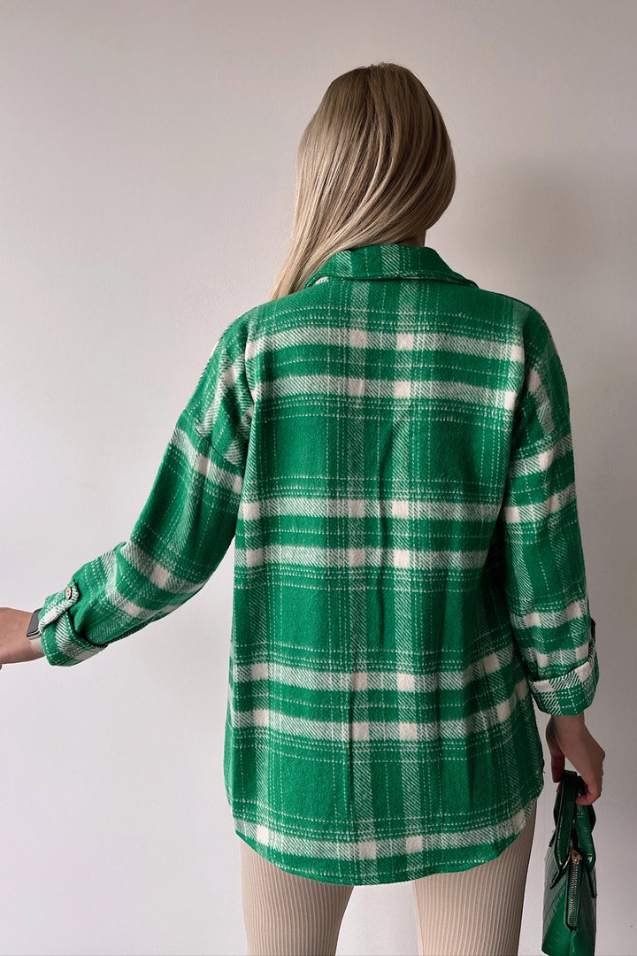 Green Double Pocket Plaid Pattern Folded Sleeve Cotton Shirt BC231047 - St. Cloud