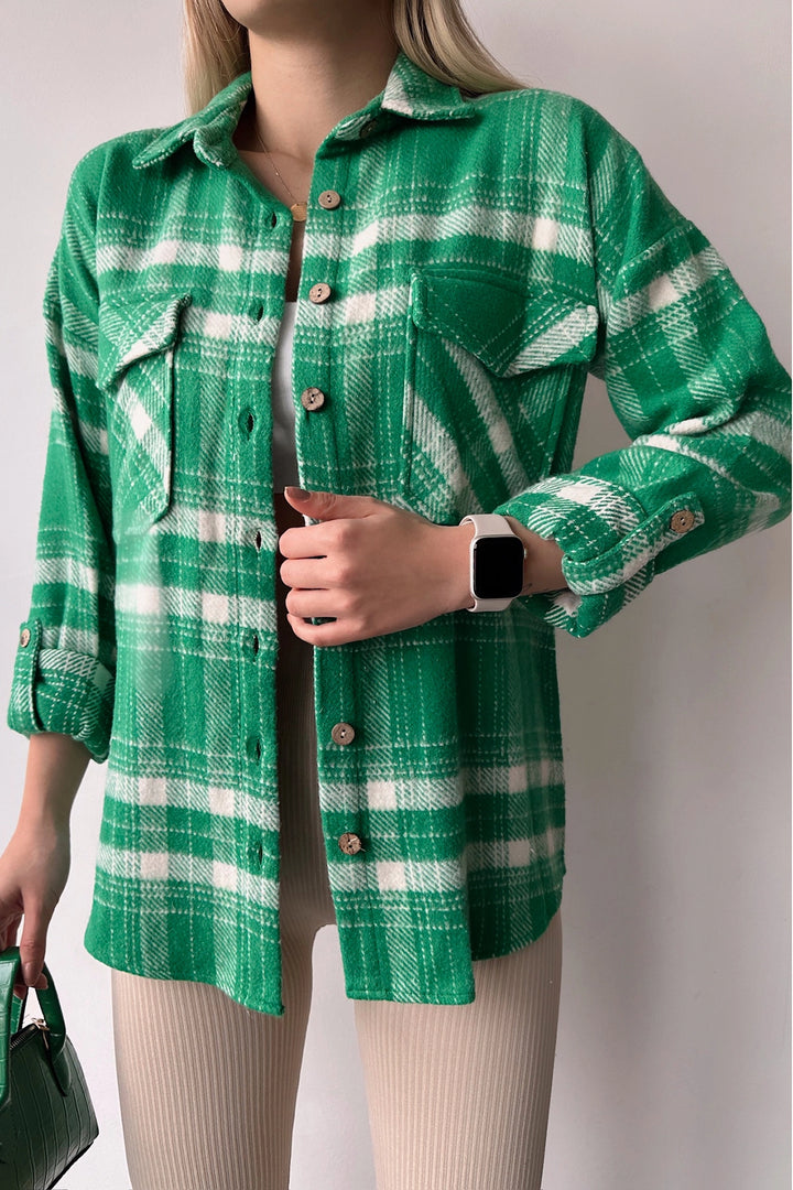 Green Double Pocket Plaid Pattern Folded Sleeve Cotton Shirt BC231047 - St. Cloud