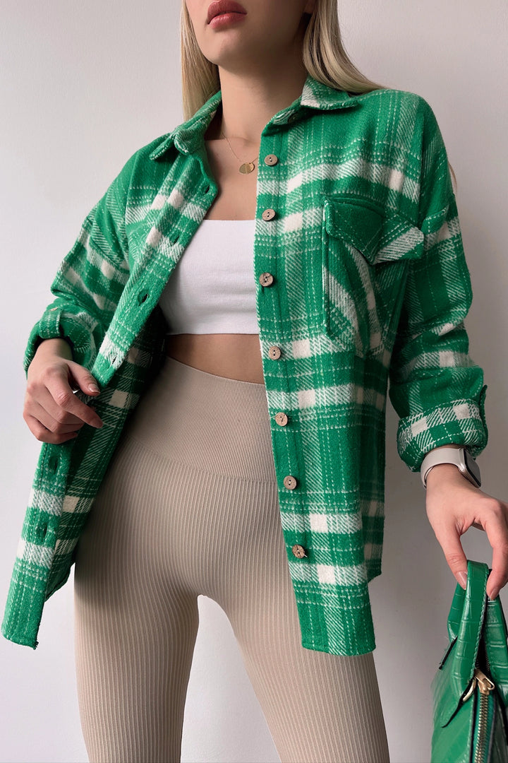 Green Double Pocket Plaid Pattern Folded Sleeve Cotton Shirt BC231047 - St. Cloud