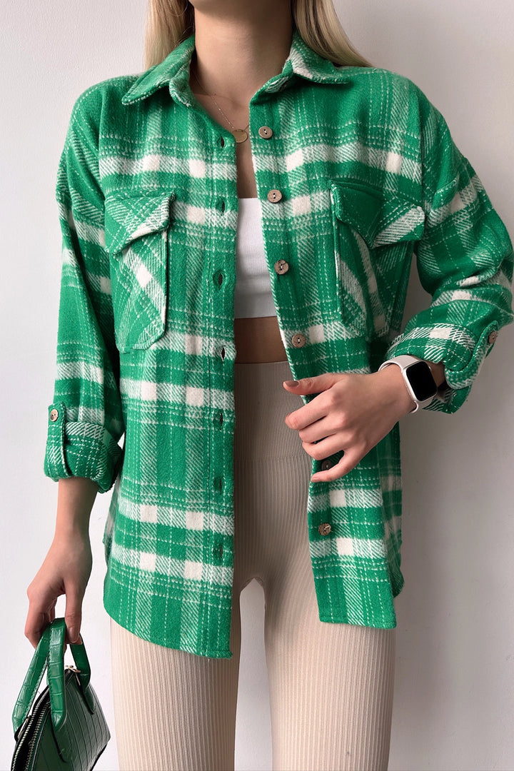 Green Double Pocket Plaid Pattern Folded Sleeve Cotton Shirt BC231047 - St. Cloud