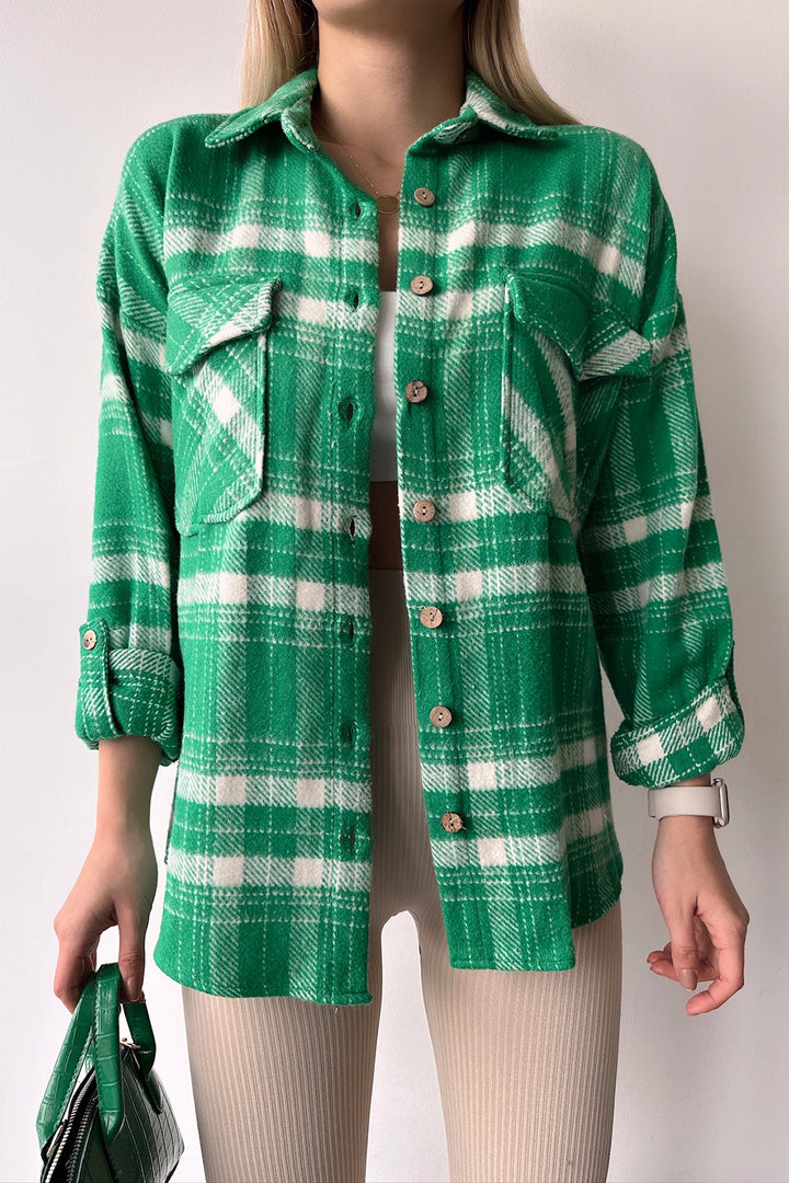 Green Double Pocket Plaid Pattern Folded Sleeve Cotton Shirt BC231047 - St. Cloud