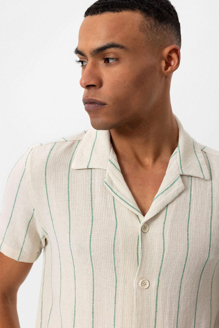 ANT Striped Cropped Collar Short Sleeve Linen Shirt - Bootle