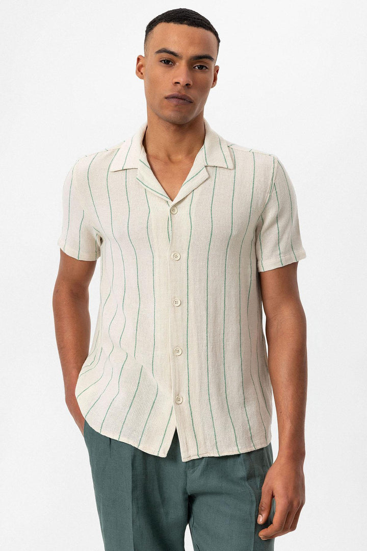 ANT Striped Cropped Collar Short Sleeve Linen Shirt - Bootle