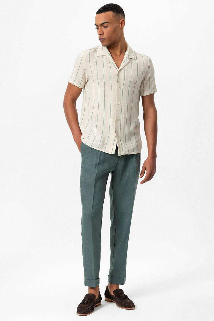 ANT Striped Cropped Collar Short Sleeve Linen Shirt - Bootle