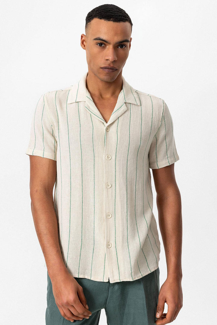 ANT Striped Cropped Collar Short Sleeve Linen Shirt - Bootle