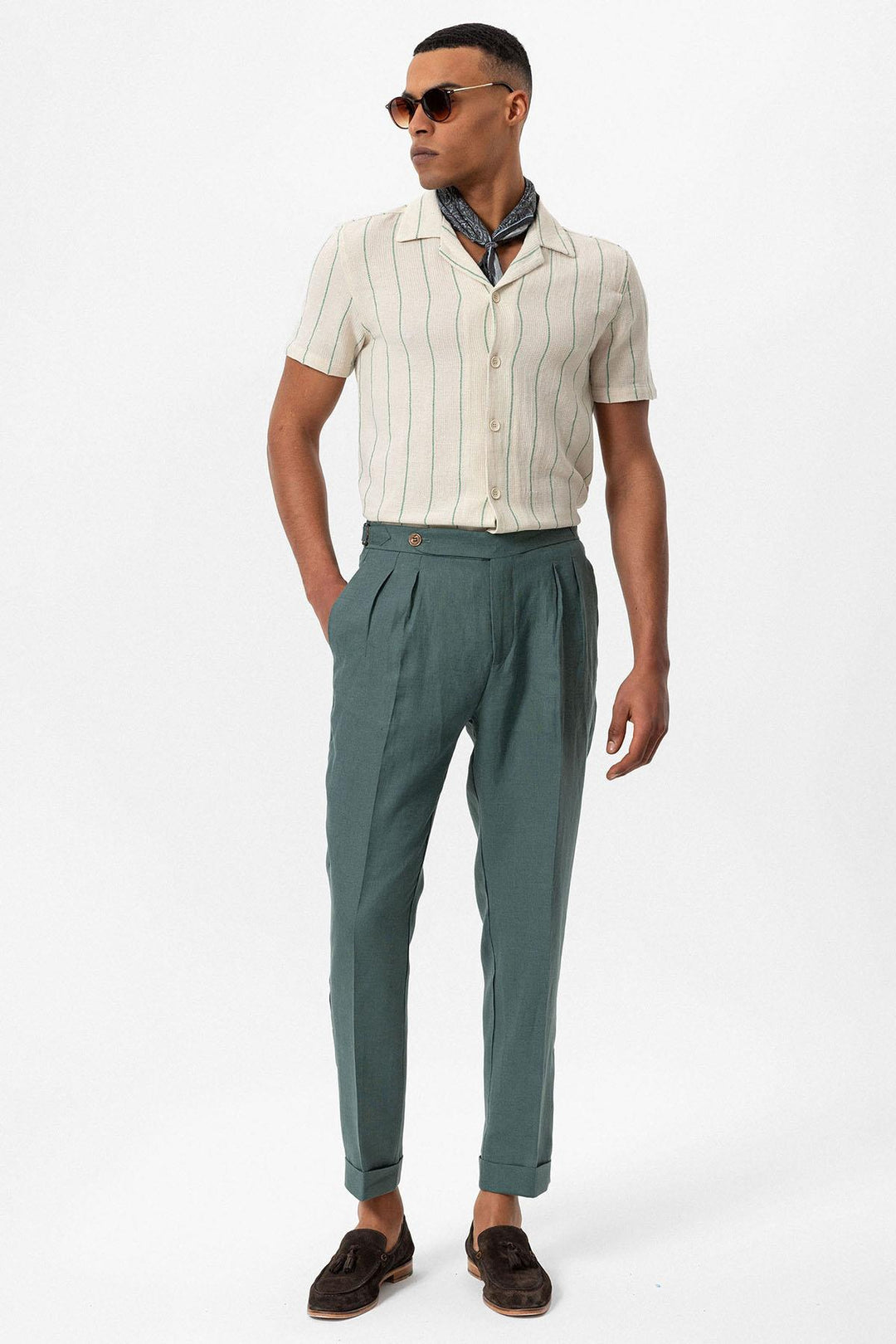 ANT Striped Cropped Collar Short Sleeve Linen Shirt - Bootle