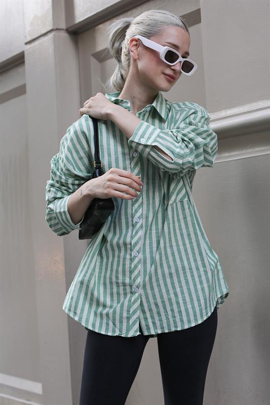 MDX Green Striped Oversized Women's Shirt MG1729 - Santa María Texmelucan