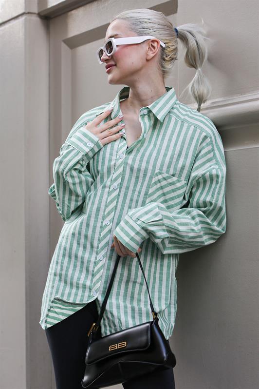MDX Green Striped Oversized Women's Shirt MG1729 - Santa María Texmelucan