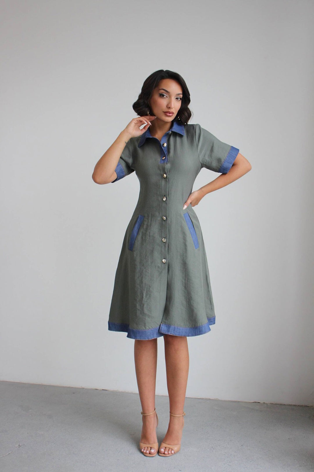 Yeşil Denim Garnili Düğmeli Tensel Dokuma Elbise BCHN-2526114 - Gloucester