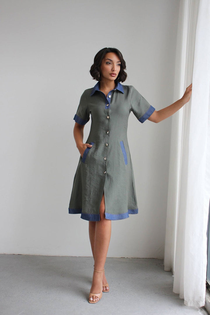 Yeşil Denim Garnili Düğmeli Tensel Dokuma Elbise BCHN-2526114 - Gloucester
