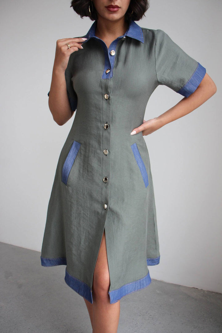 Yeşil Denim Garnili Düğmeli Tensel Dokuma Elbise BCHN-2526114 - Gloucester