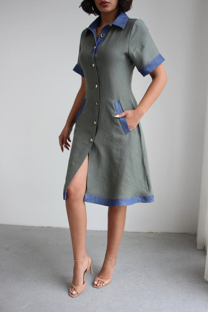 Yeşil Denim Garnili Düğmeli Tensel Dokuma Elbise BCHN-2526114 - Gloucester
