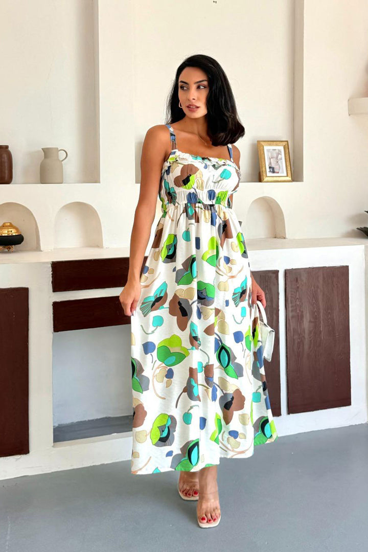 Green Patterned Strappy Ruffled Cotton Premium Woven Dress with Lining BCCM-253004 - Zográfos