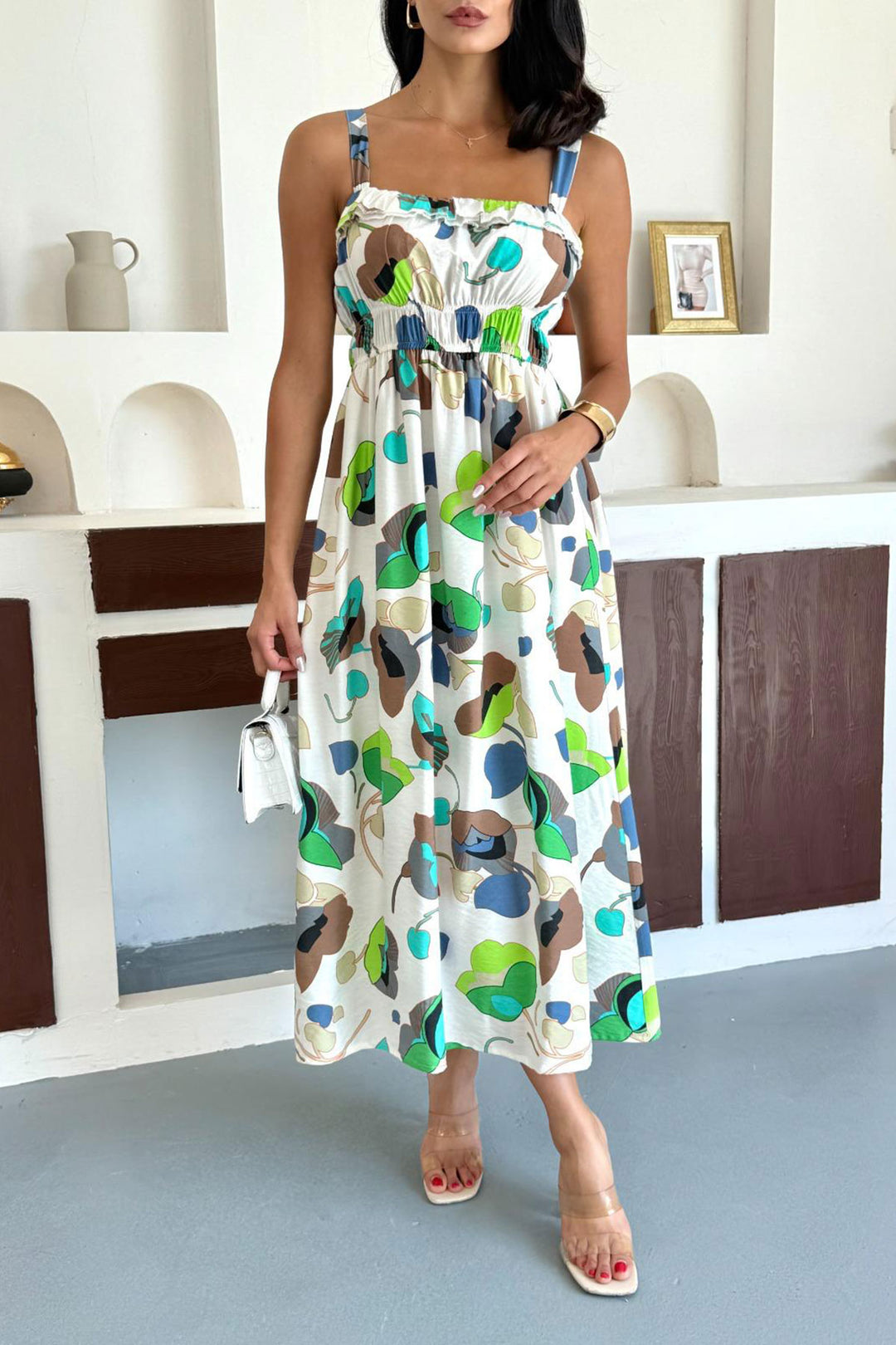 Green Patterned Strappy Ruffled Cotton Premium Woven Dress with Lining BCCM-253004 - Zográfos