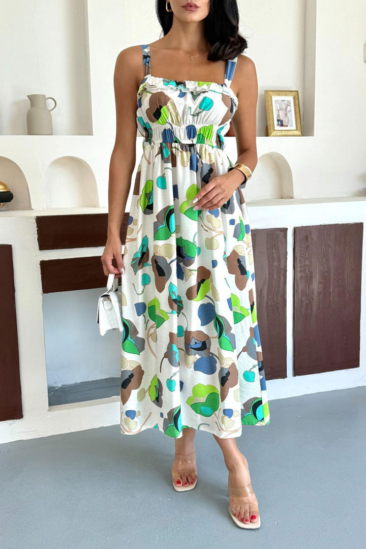 Green Patterned Strappy Ruffled Cotton Premium Woven Dress with Lining BCCM-253004 - Zográfos