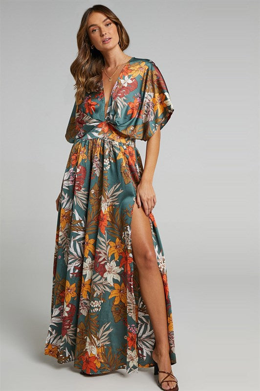 MDX Green Patterned Slit Detail Long Dress MG1698 - Montrouge