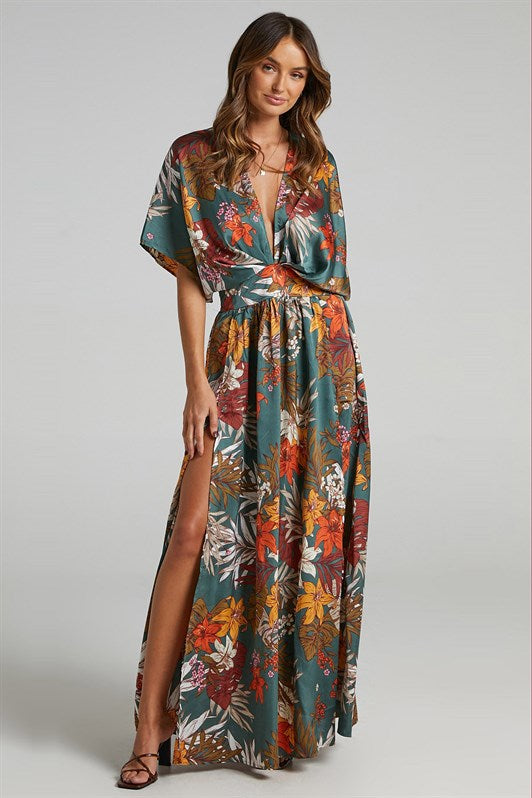 MDX Green Patterned Slit Detail Long Dress MG1698 - Montrouge
