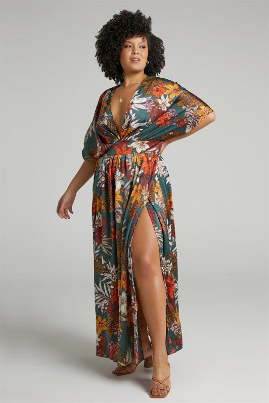 MDX Green Patterned Slit Detail Long Dress MG1698 - Montrouge